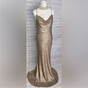 Christina Wu Spaghetti strap front cowl neck sequin gown new size 10